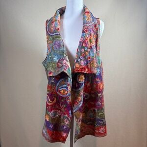 TravelSmith Artsty Open Front Wool Embroidered Vest M Patchwork Boho Festival